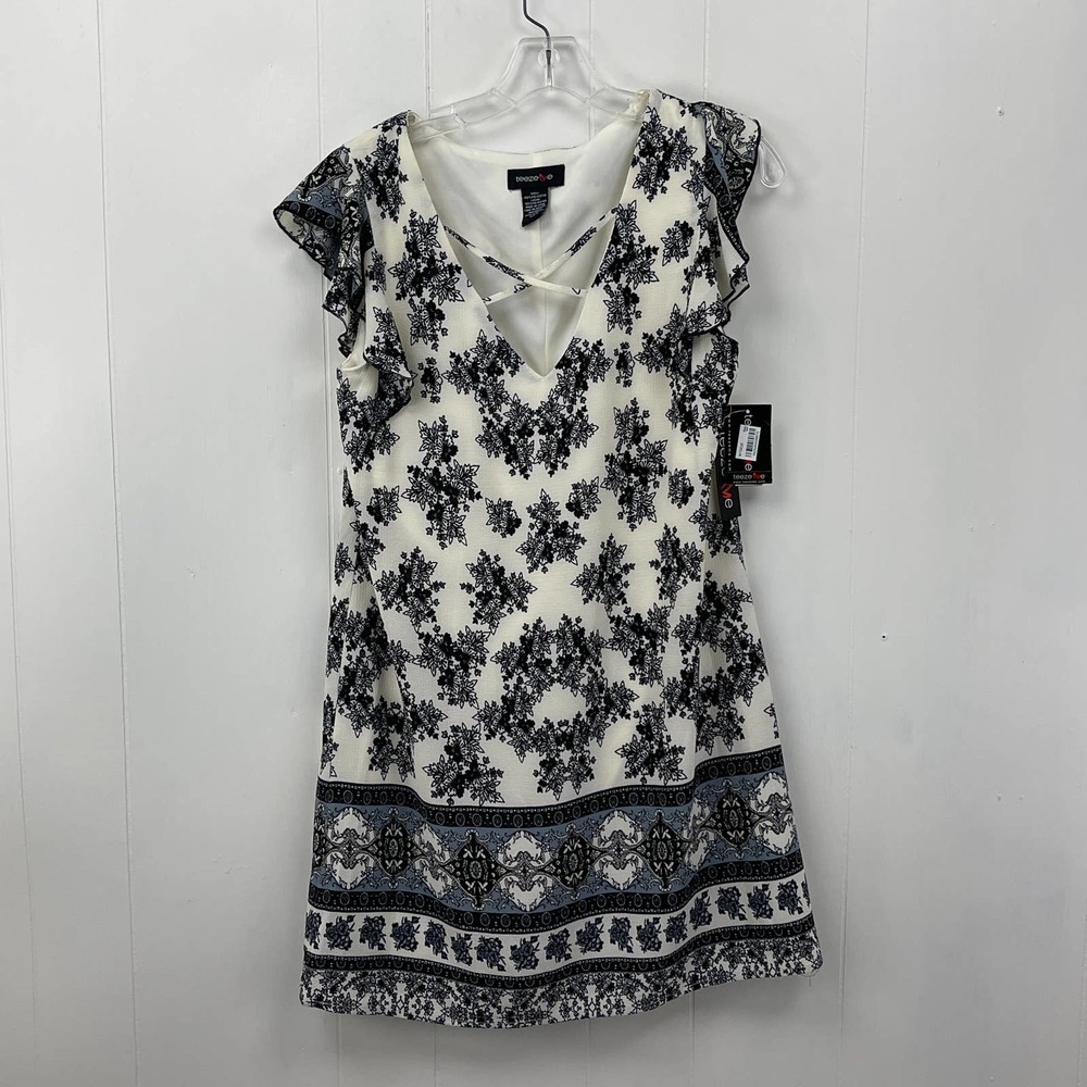 Womens Mini Dress Medium Cream Floral V Neck Short Cap Sleeve Lined New